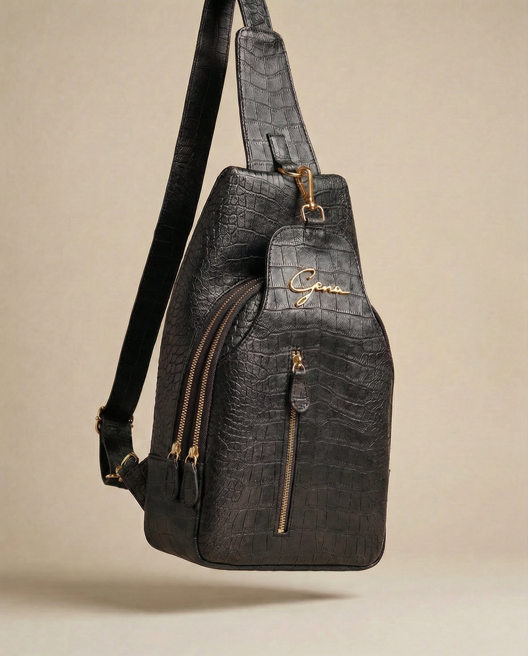 GENA Black Sling Bag, croc-embossed cowhide, studio