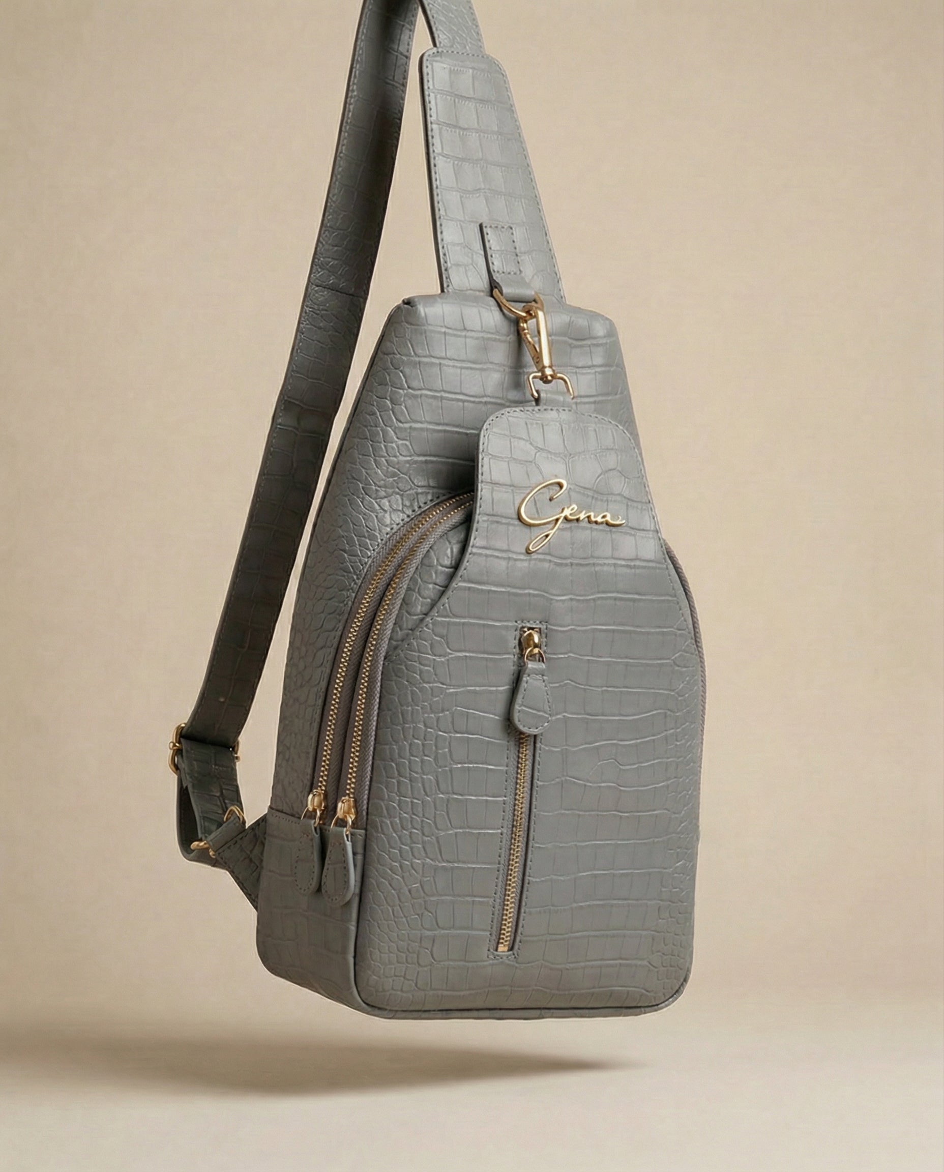 GENA Gray Sling Bag, vegetable-tanned leather, studio